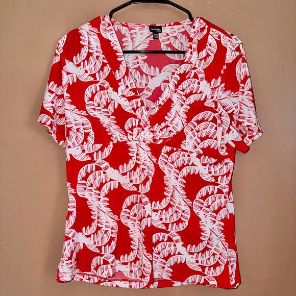 Rafaella Women's Short Sleeve Wrap Front Red White Floral Blouse Top Size Medium - Picture 5 of 9